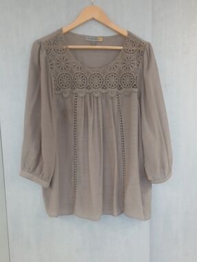Crochet Yoke Taupe Women's Blouse